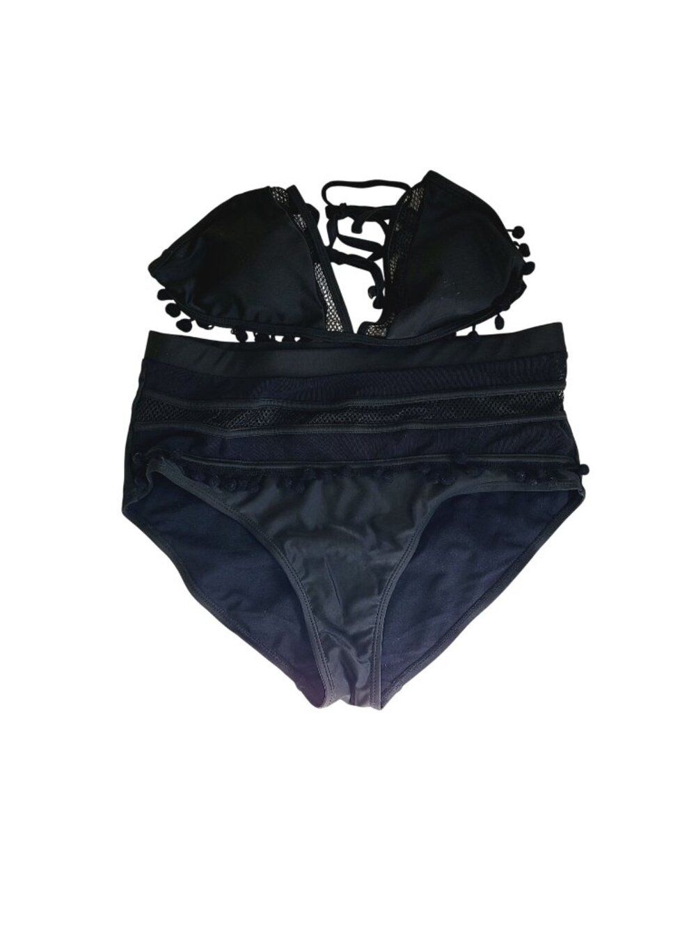 Bikini Set Black Pom Pom Mesh Details High Waist Bottoms Triangle Top Size XL